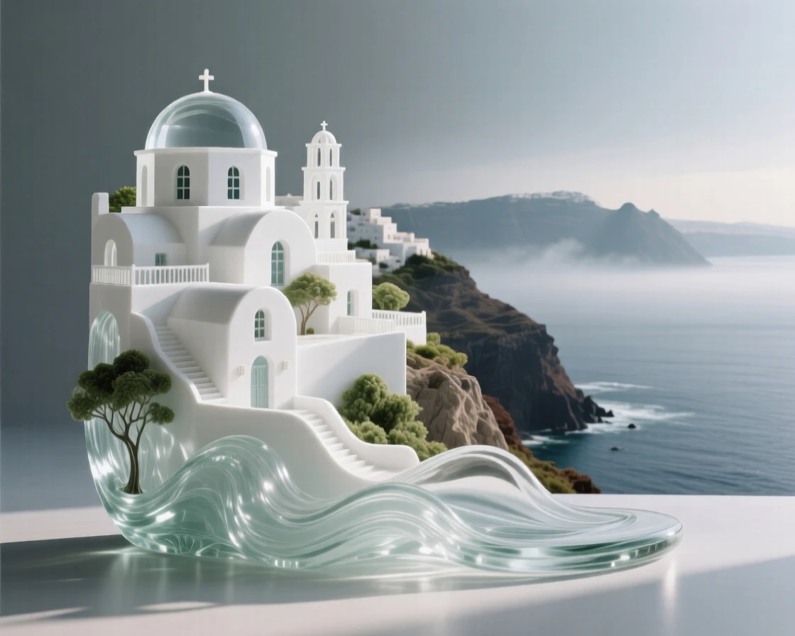 Santorini's white-domed buildings overlooking the sea surrounded by lush greenery and soft morning mist, wide establishing composition, feeling serene and majestic.
