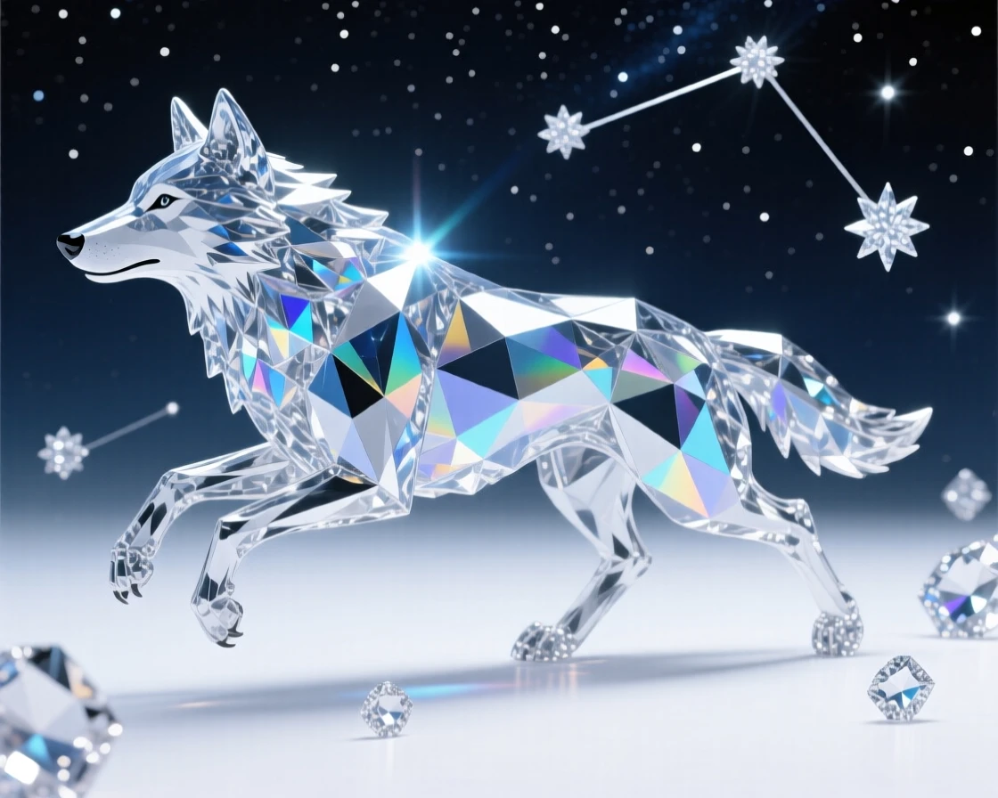 A celestial wolf made of starlight running across a night sky filled with constellations.