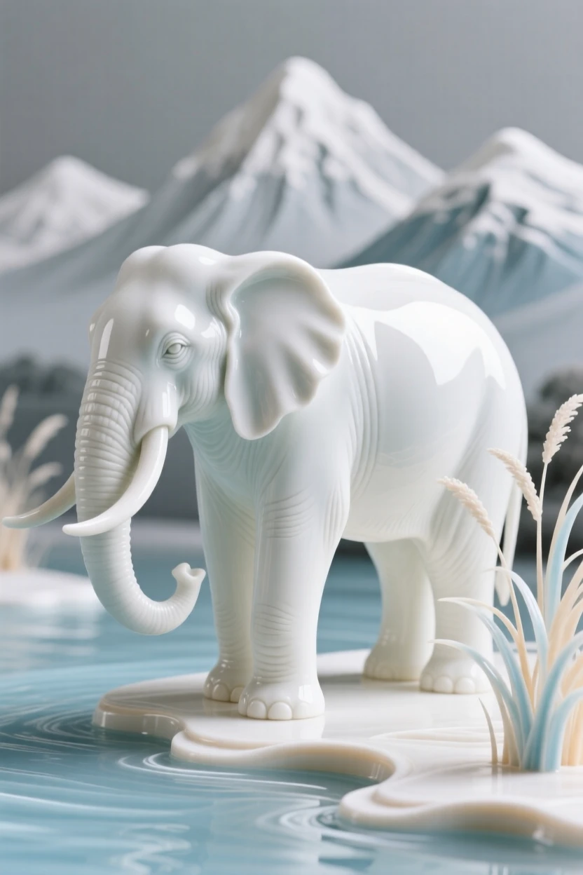 A graceful elephant gazing calmly into the distance in a tranquil riverside, framed by distant snow-capped peaks.