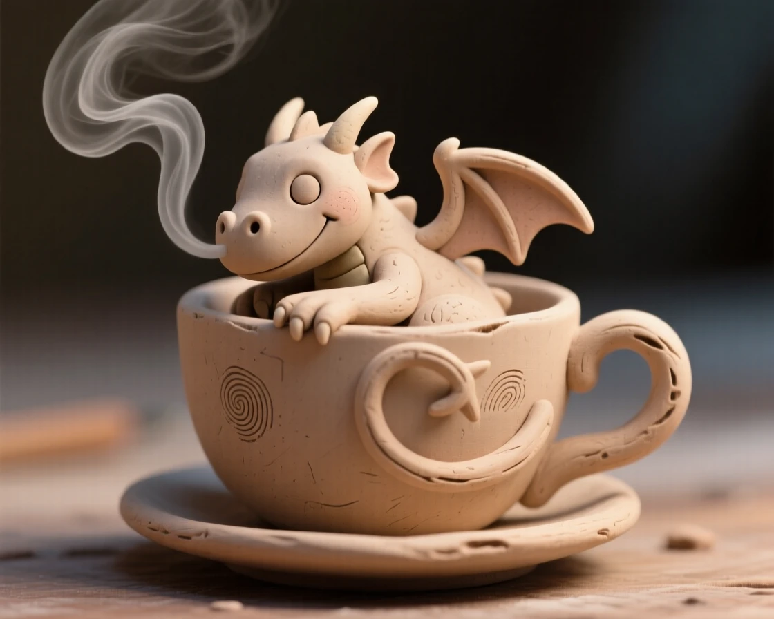 A tiny dragon curled inside a teacup, wisps of smoke rising
