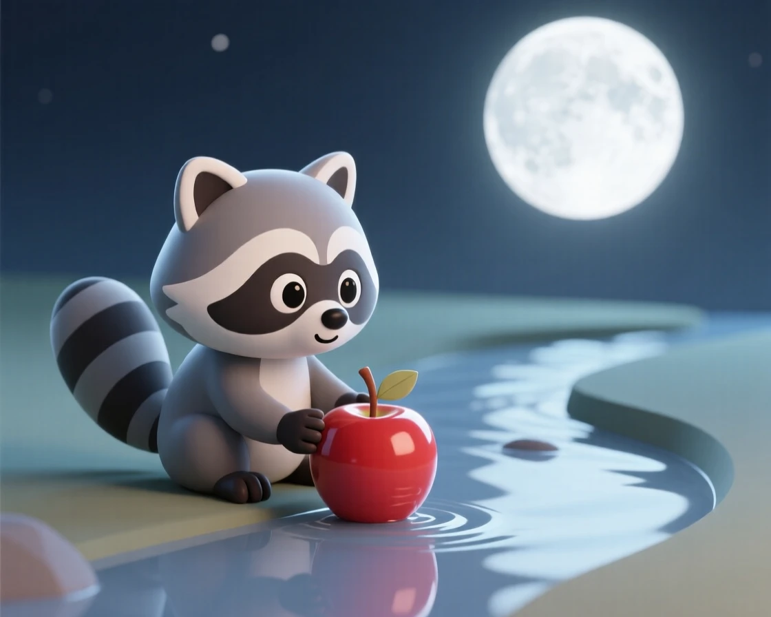 A curious raccoon washes a shiny apple in a moonlit stream, tiny paws working carefully.