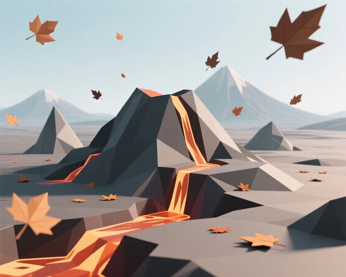 A volcanic landscape with glowing lava streams, as autumn leaves drift through the air. the composition uses a wide, sweeping perspective. The view feels timeless and untouched.
