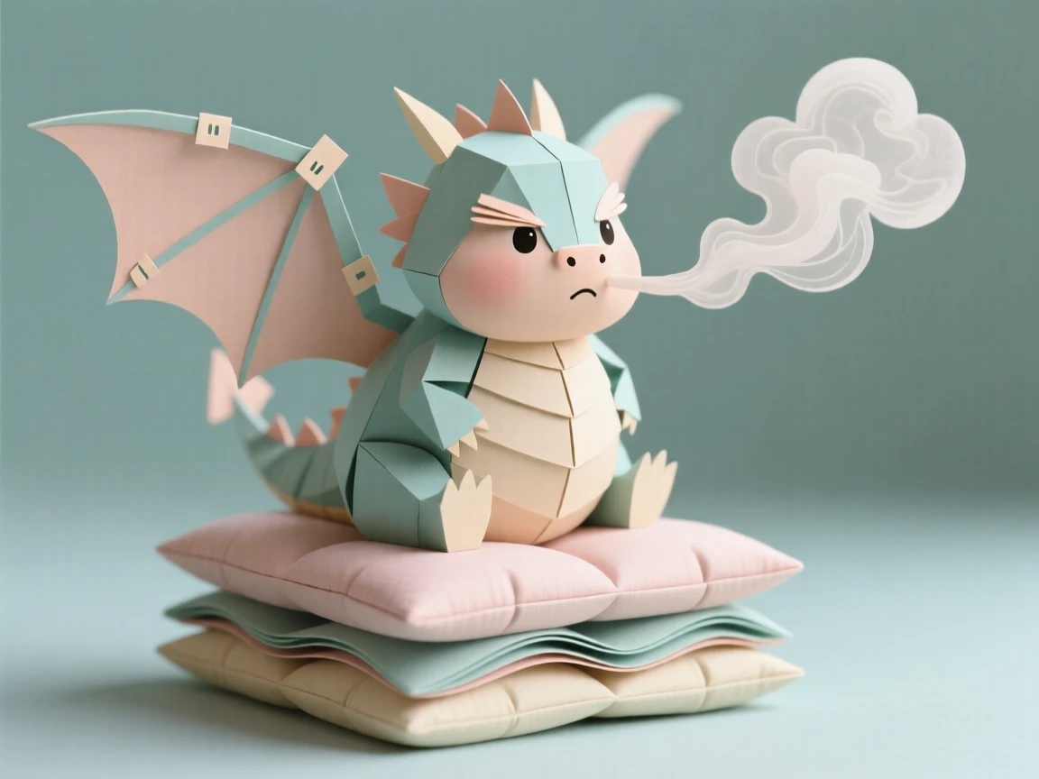 A chubby baby dragon with oversized wings trying to breathe its first puff of smoke, comically cross-eyed from the effort, sitting on a pile of soft cushions, evoking playful humor.