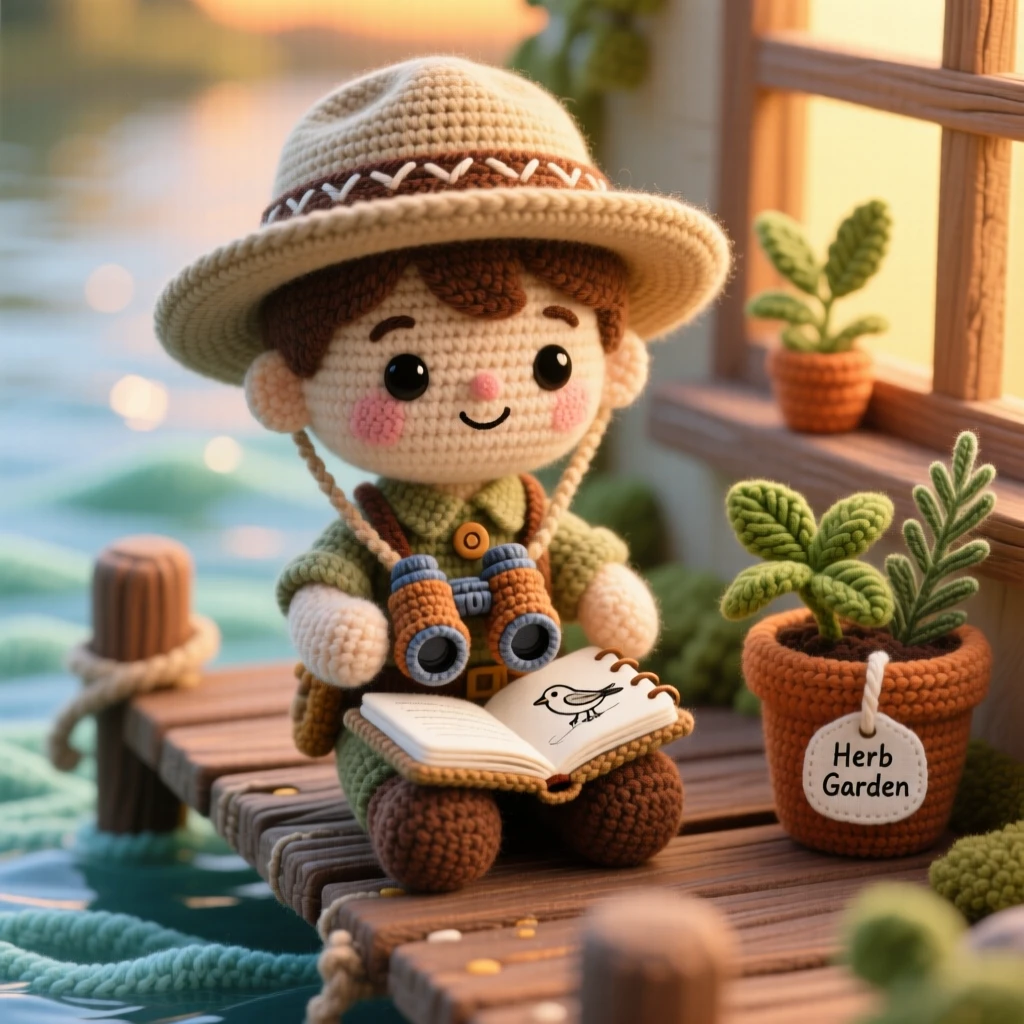 a small boy park ranger, with a wide-brimmed hat and binoculars, is captured sketching a bird in a small notebook in a peaceful riverside dock at golden hour beside a potted herb garden on the sill, radiating a nostalgic, storybook warmth.