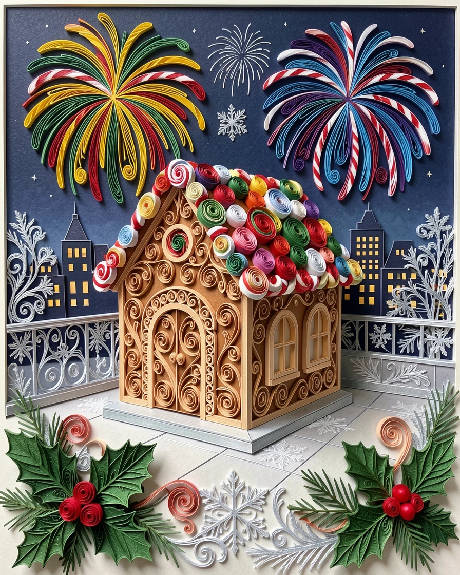 A festive holiday scene of a festive gingerbread house covered in candy details on a rooftop overlooking a fireworks-lit skyline, with delicate frost patterns on nearby surfaces, composed with rich layered foreground details.