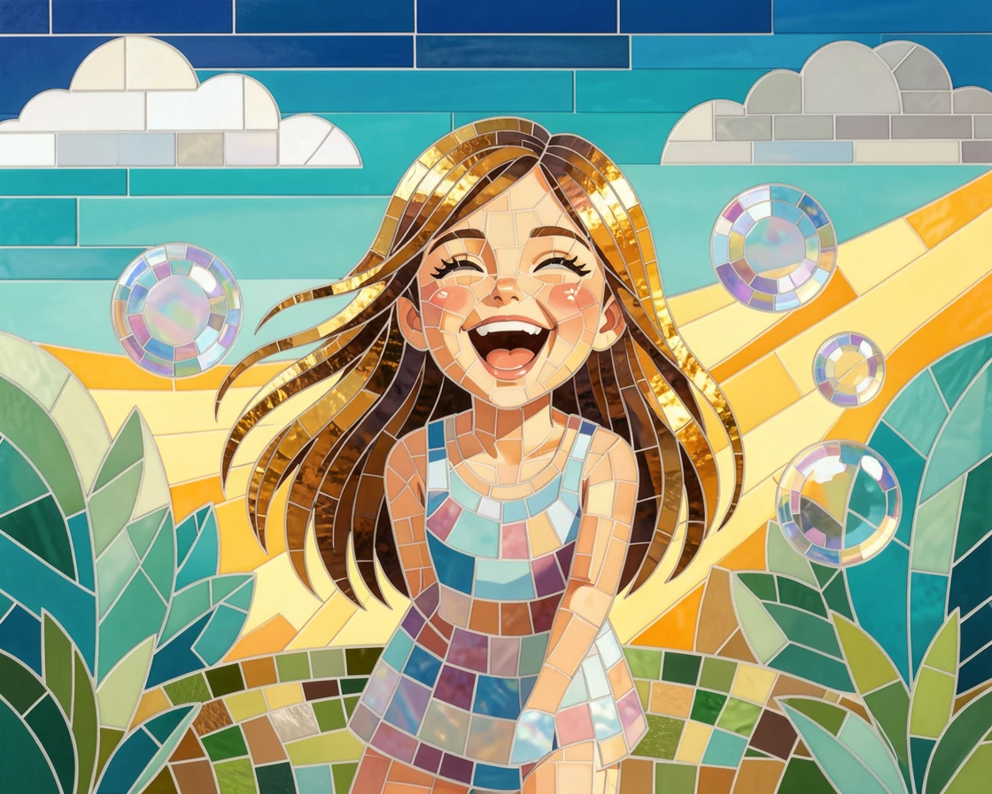 A warm, expressive portrait of a joyful young girl laughing while chasing bubbles in a sunlit garden, with soft natural lighting and rich emotional detail.