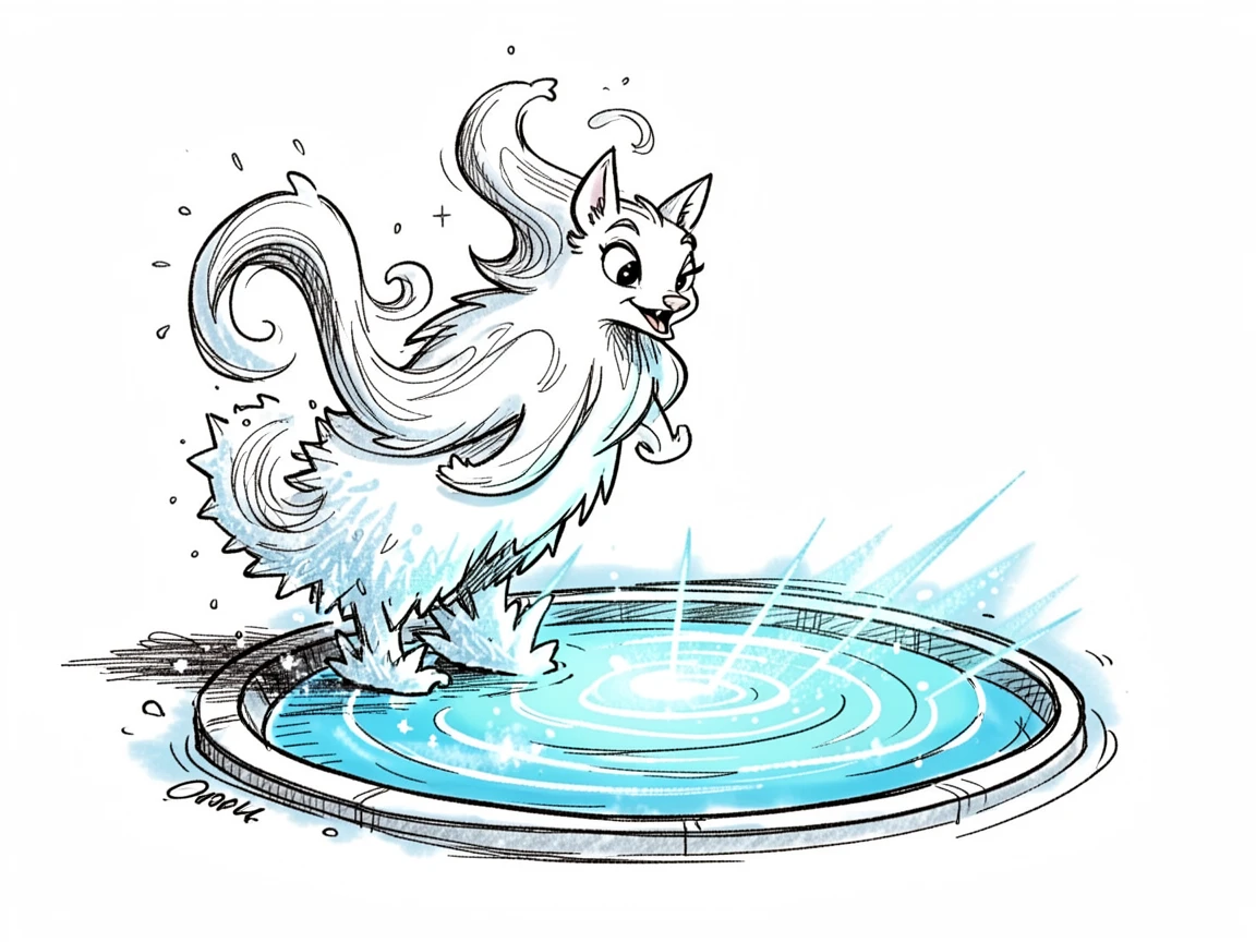 A snow spirit made of glittering frost beside a glowing magical pond.