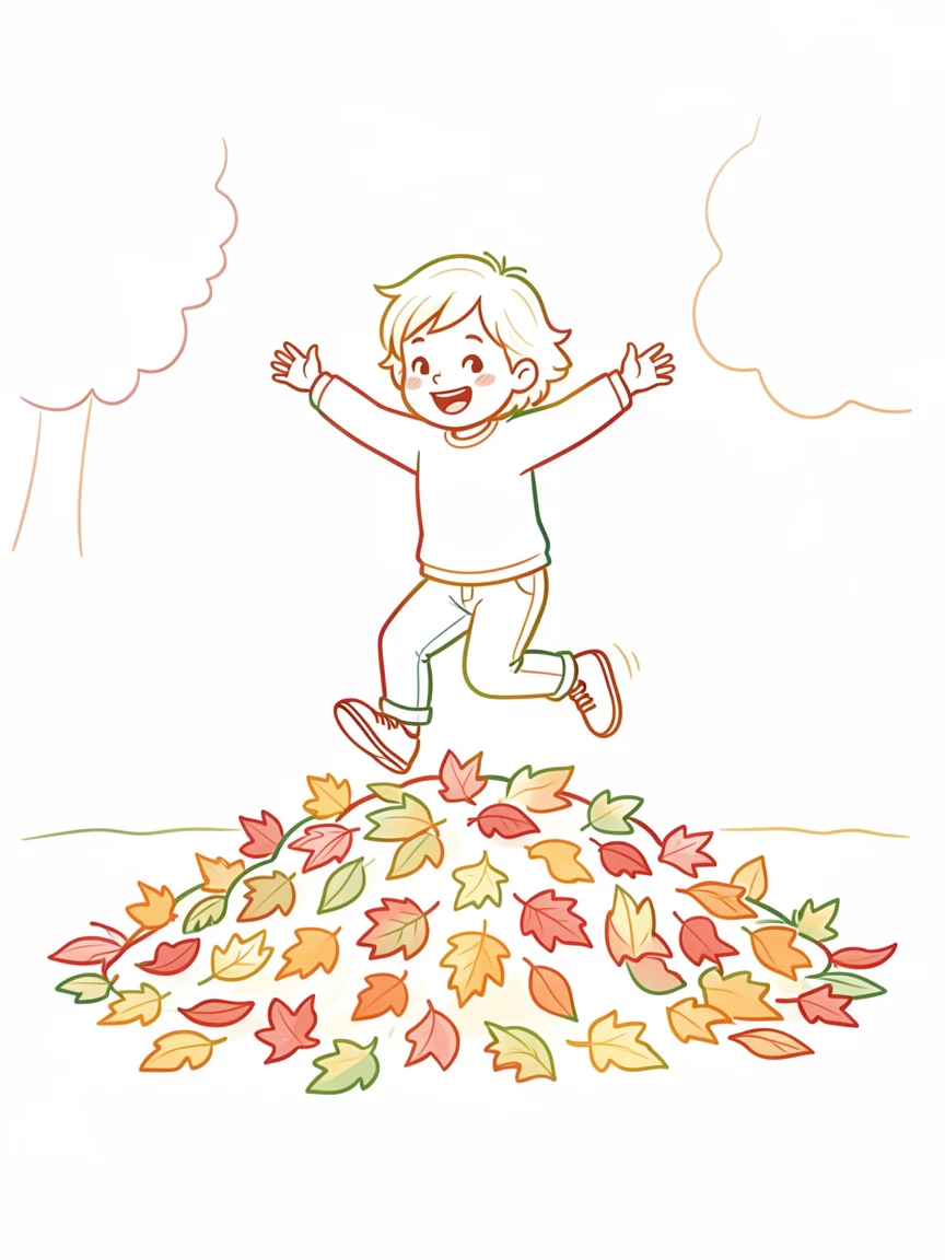 A child jumping into a pile of raked autumn leaves in a front yard.