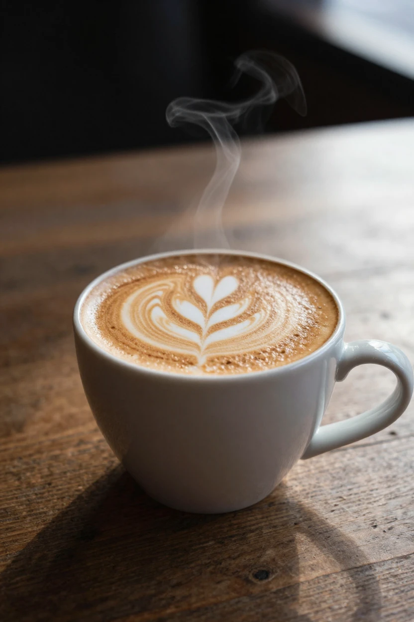A steaming cup of coffee with delicate latte art
