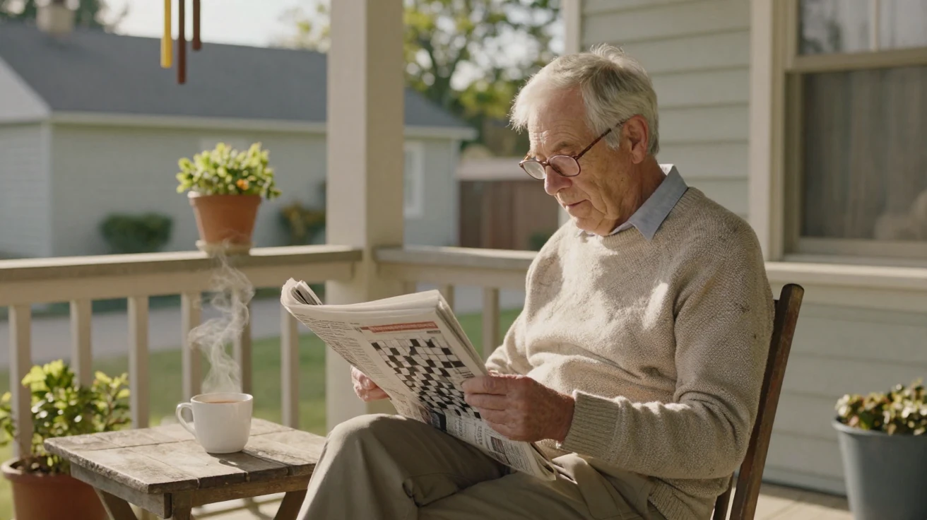 A senior citizen completes a crossword puzzle on a porch with a cup of tea.