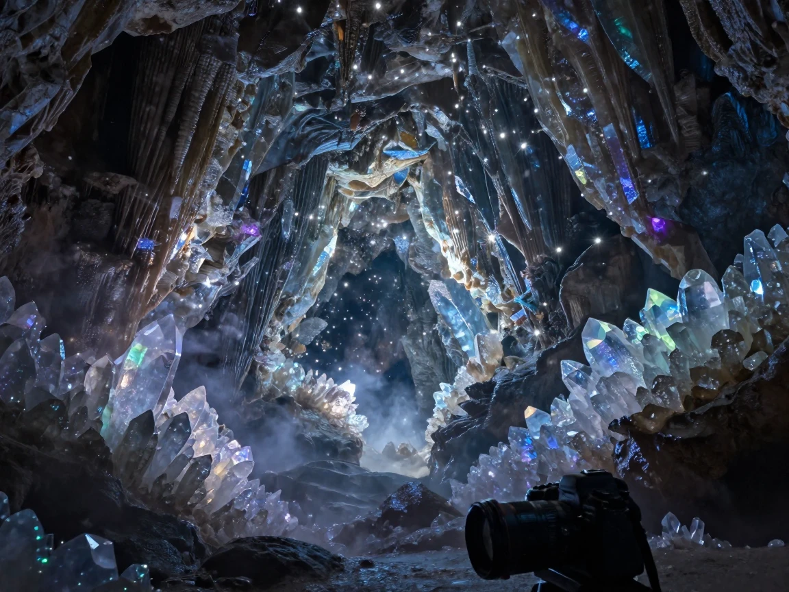 A crystal cavern glowing with thousands of tiny magical lights