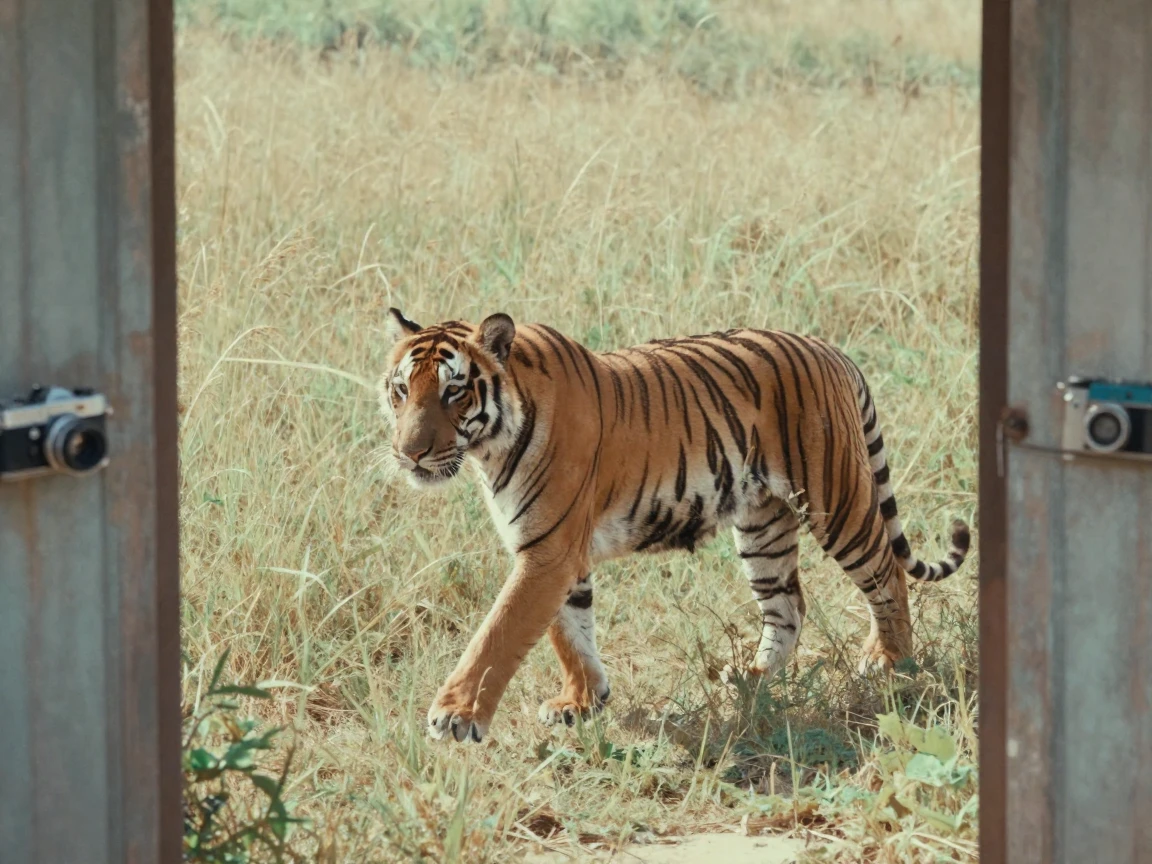 A tiger moving silently through tall golden grass, in gentle diffused daylight, in crisp, dry air, during the long days of summer, in soft muted pastels, framed through an open doorway.