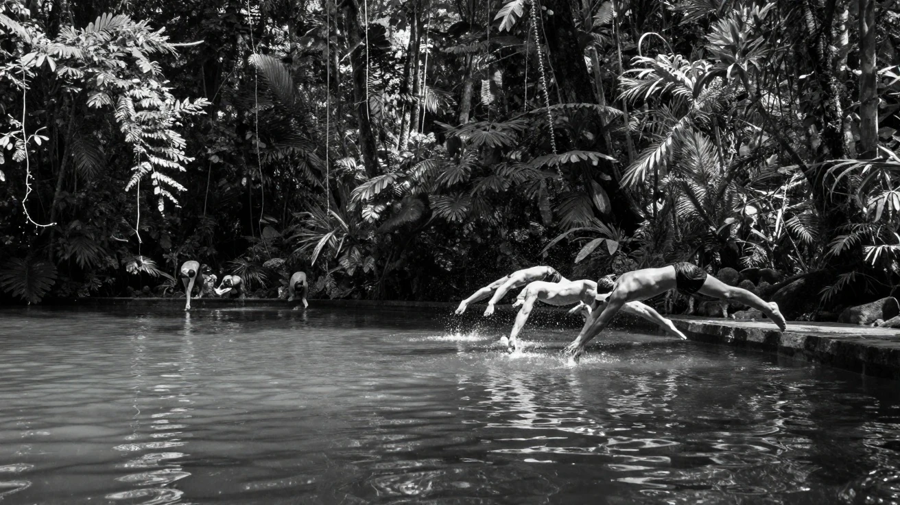 A group of swimmers dives into a clear jungle pool in a secluded rainforest pool.