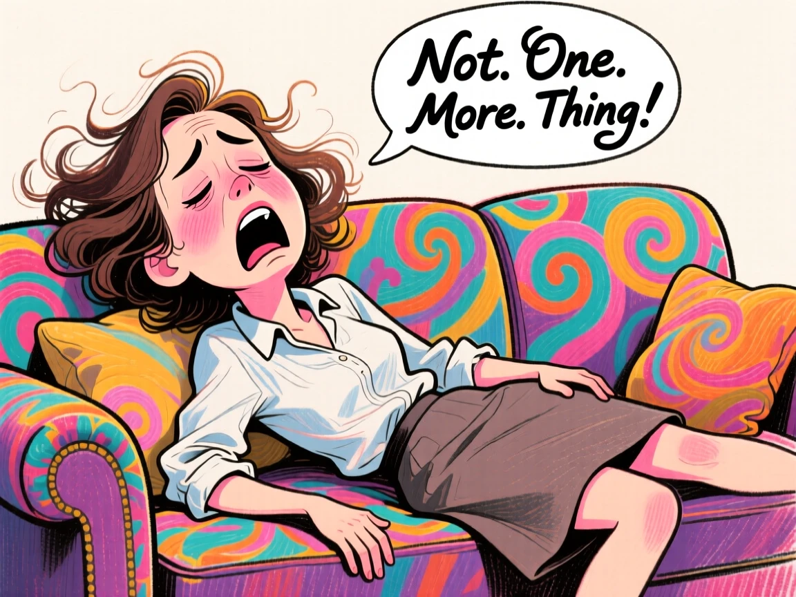 A woman doing a dramatic faint onto a couch after a long day.