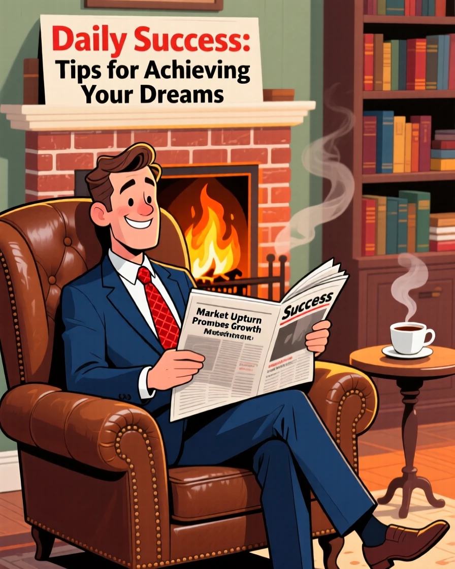 An aspirational lifestyle scene of a well-dressed man reading the newspaper in a cozy leather armchair by a crackling fireplace.