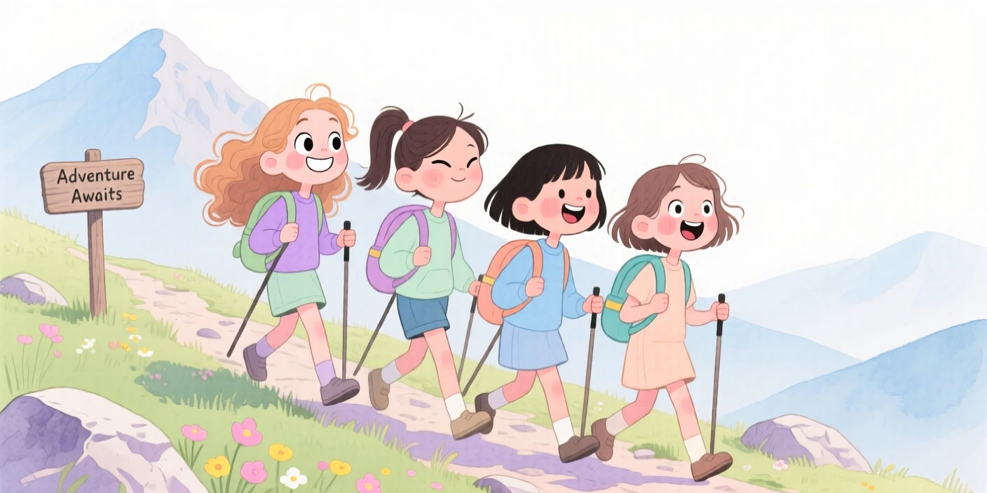 A close-knit group of girlfriends hiking together up a scenic mountain trail