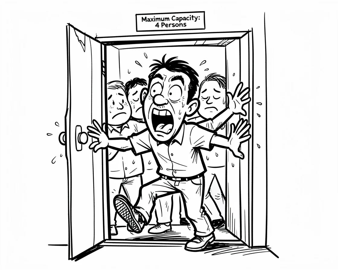[Funny & Exaggerated Situations] Comical scene of a man doing an exaggerated pose to squeeze into a crowded elevator, exaggerated for maximum laughs