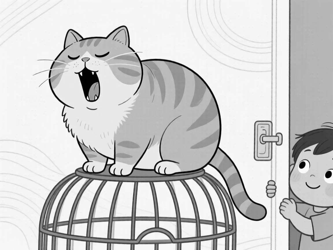 A chubby orange tabby cat mid-yawn, planting all four paws and refusing to budge, set perched on top of a birdcage. A curious child watches from just out of frame. It's an irresistibly charming slice of animal personality.