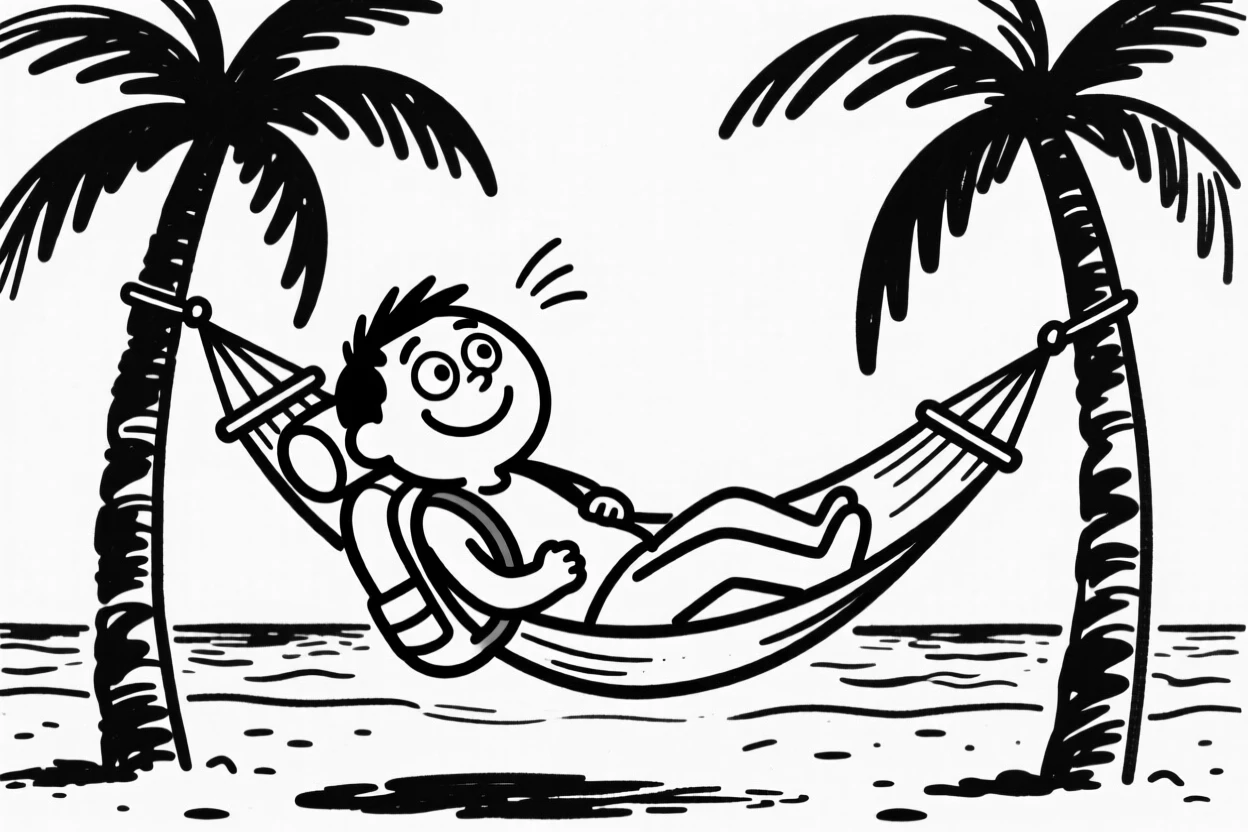 A backpacker relaxing in a hammock strung between two palm trees on a quiet beach.