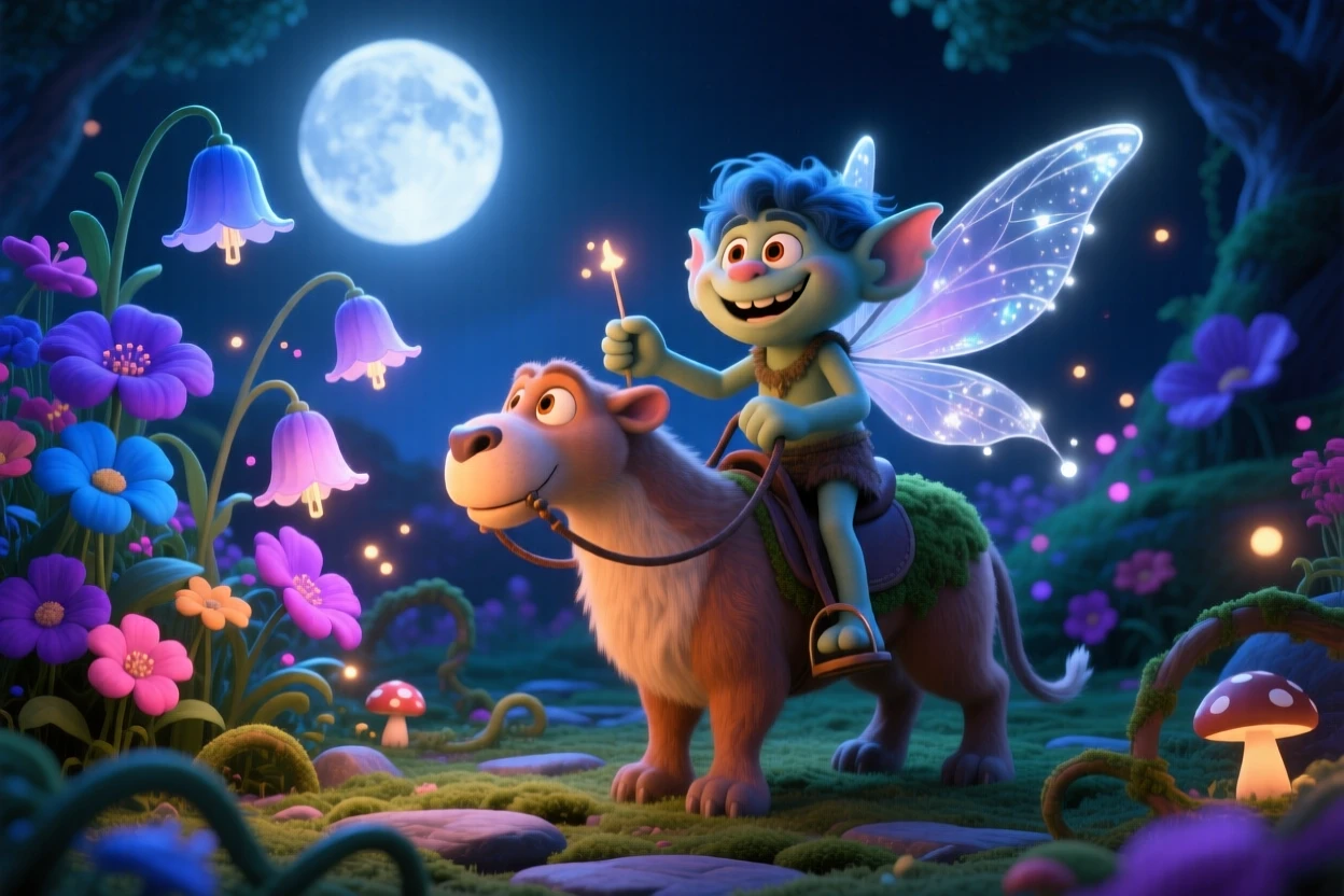 A friendly troll stands in a garden where flowers chime like bells, riding on the back of a friendly creature. The atmosphere feels mystical yet warmly inviting, with delicate wings catching the moonlight.