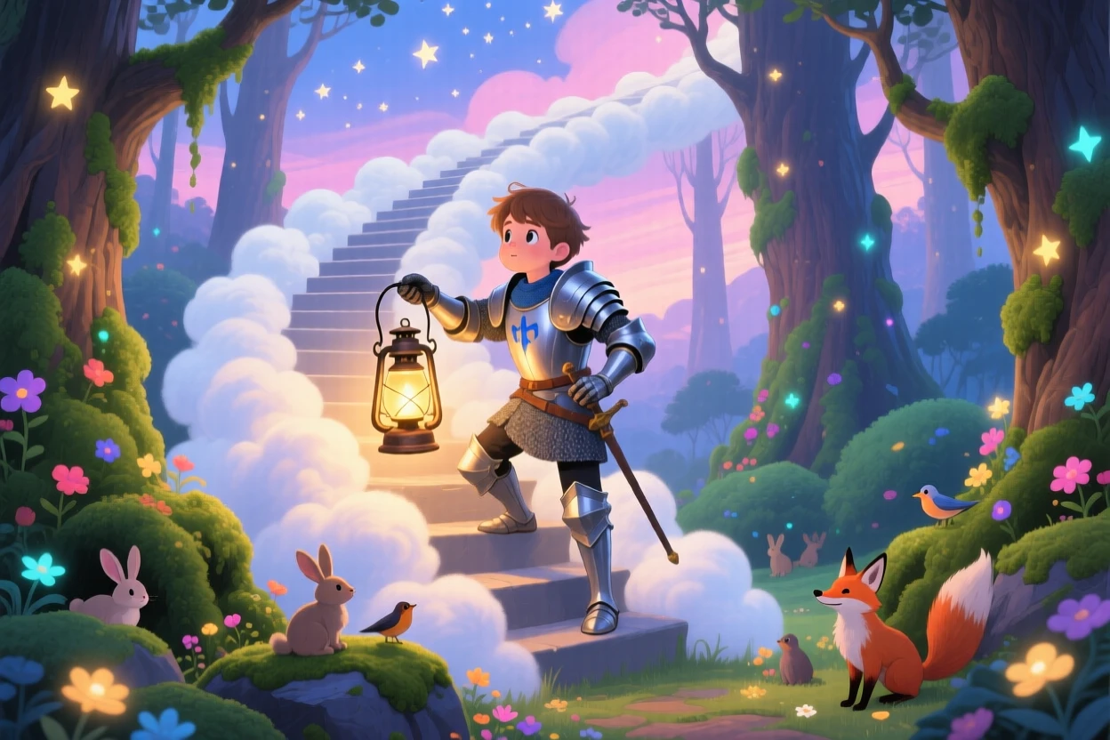In an enchanted forest, a wandering knight discovers a moment of wonder while climbing a staircase made of clouds, while soft golden light spills from an old lantern.