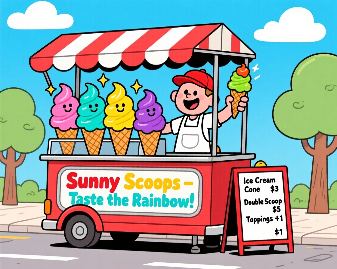 A food cart serving colorful ice cream cones on a sunny street.