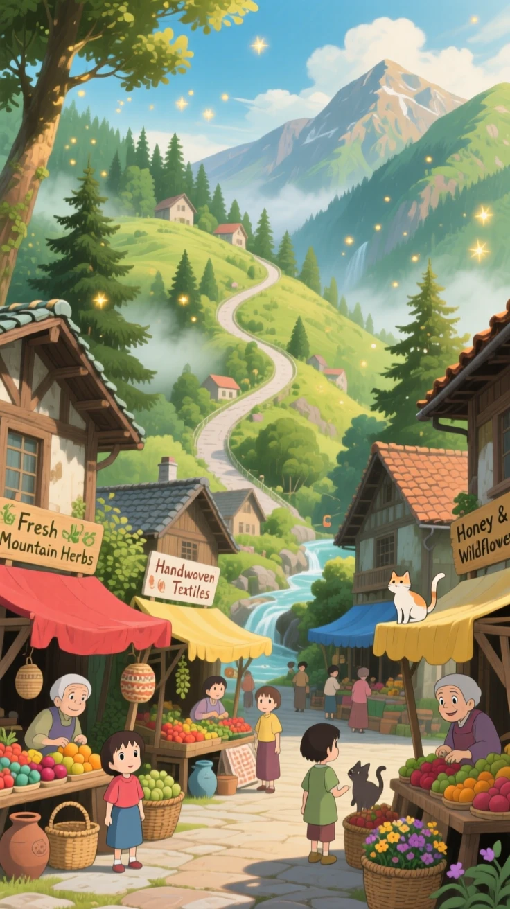 A scenic view of a mountain village reached only by a winding switchback road, as market stalls line the main square.