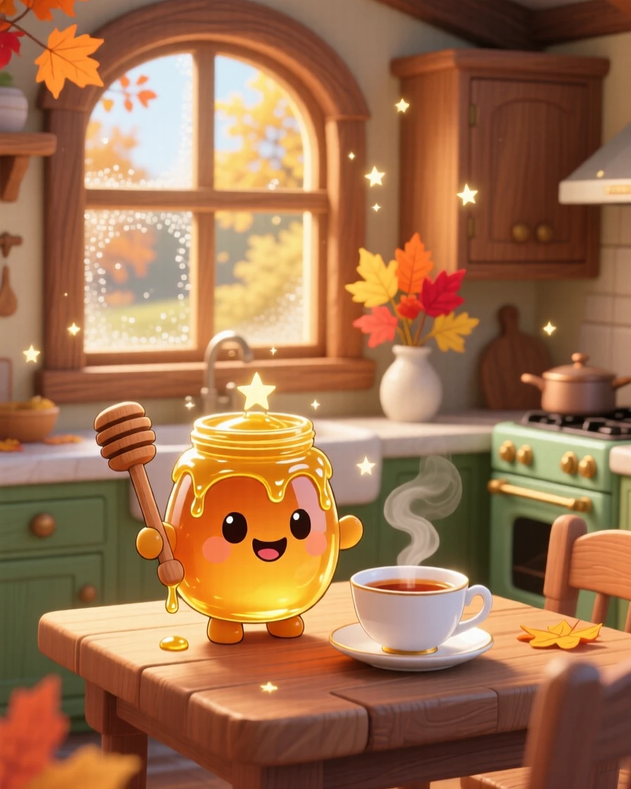 In a sunny farmhouse kitchen, a smiling honey jar is dripping golden honey into a teacup on a crisp autumn afternoon, bathed in sparkling starlight, expression full of playful mischief. Shot as a framed through a window.