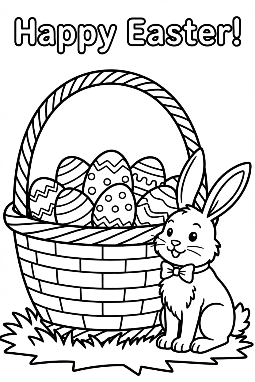 An Easter basket filled with colorful eggs and a bunny nearby