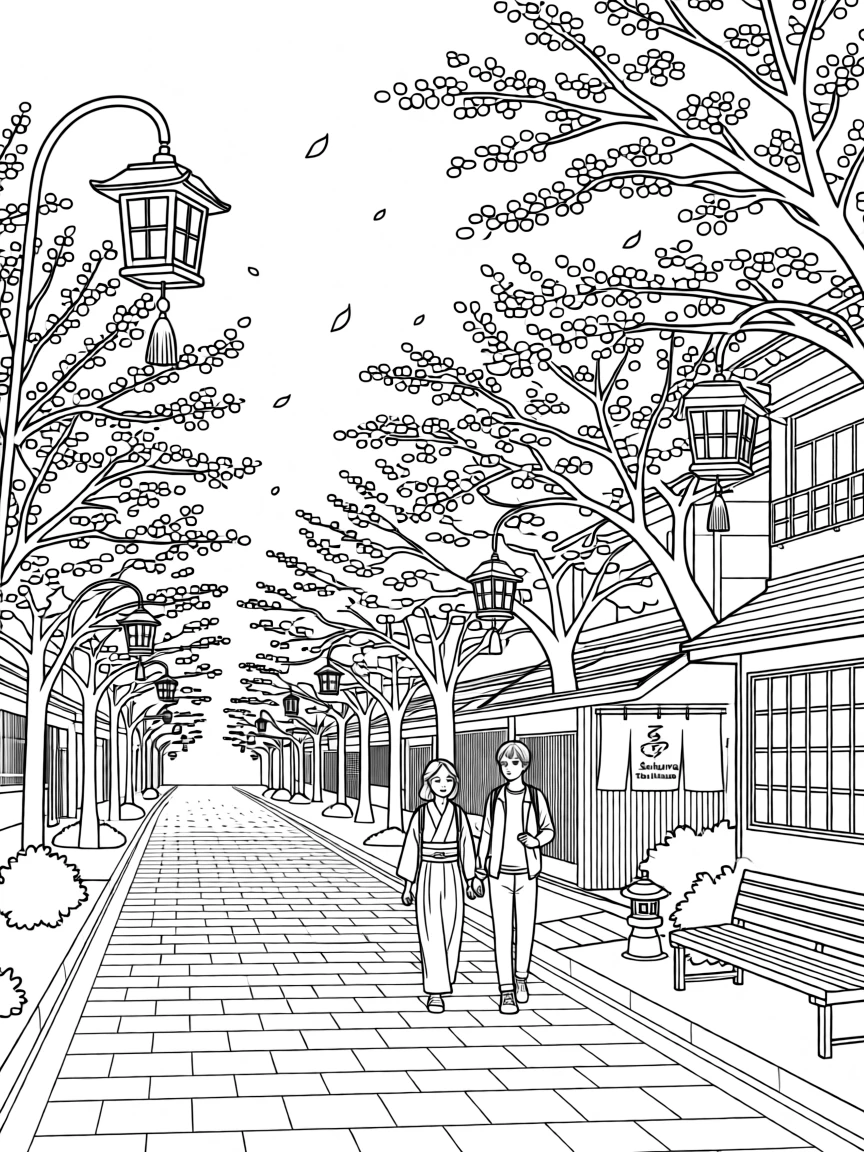 A cherry blossom-lined street in Kyoto, with cobblestone streets stretching into the distance.