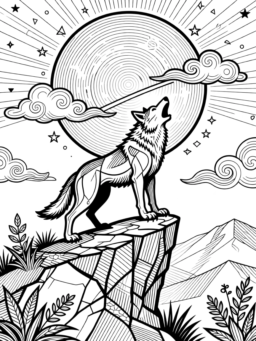 A werewolf silhouette howling atop a cliff under a full moon.