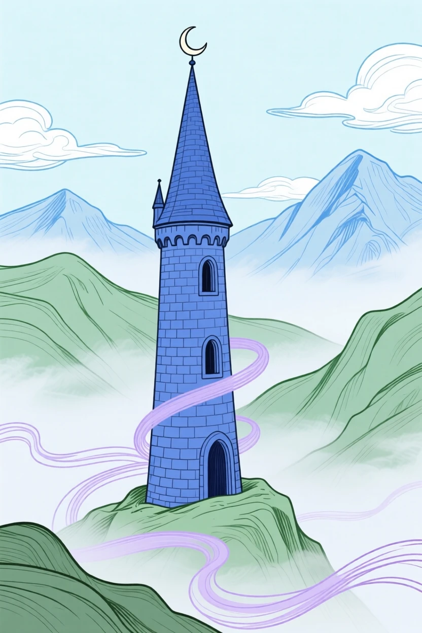 A wizard's tower rising above a misty mountain valley.