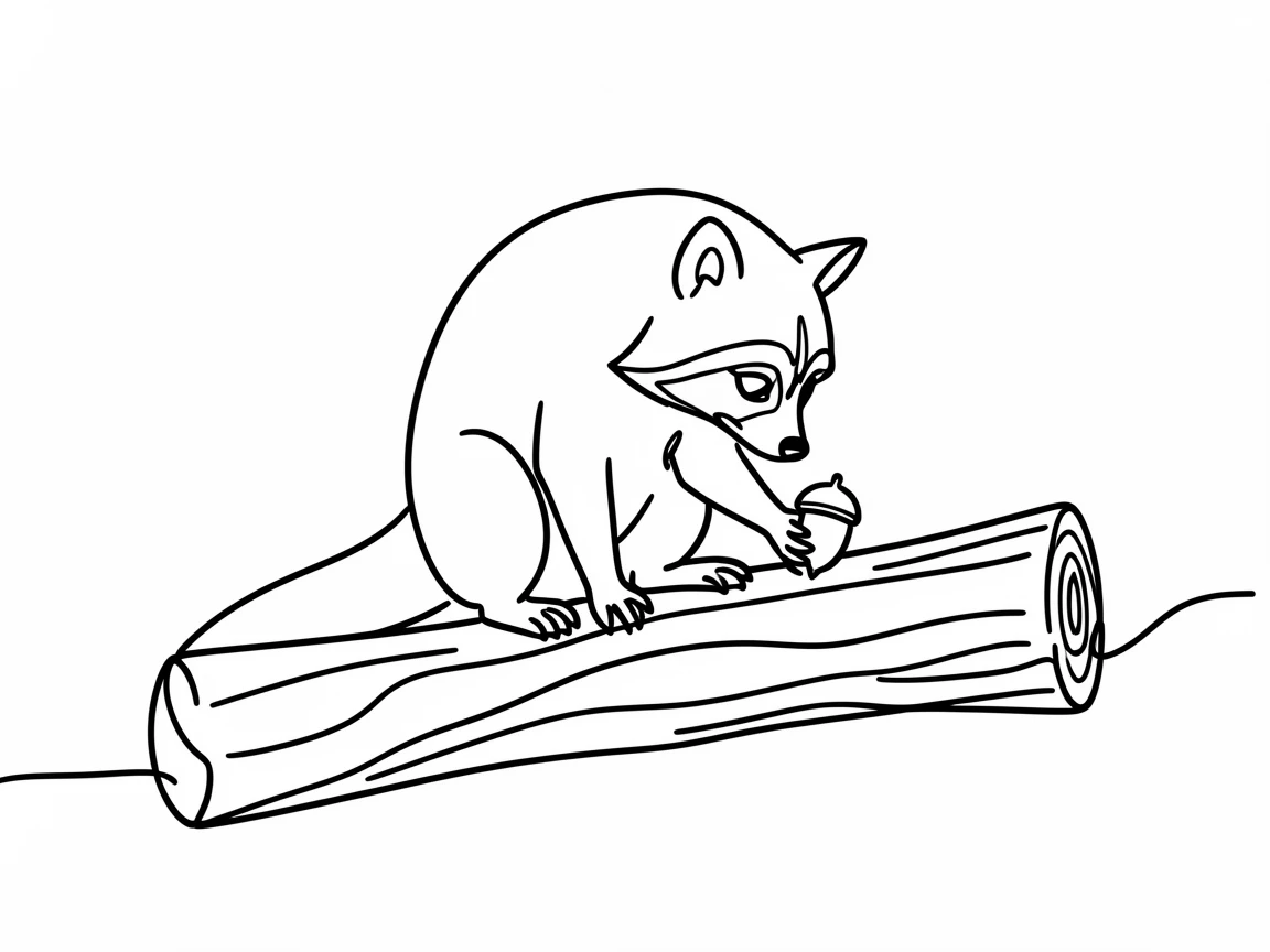 A raccoon perched on a fallen log, curiously inspecting a small acorn