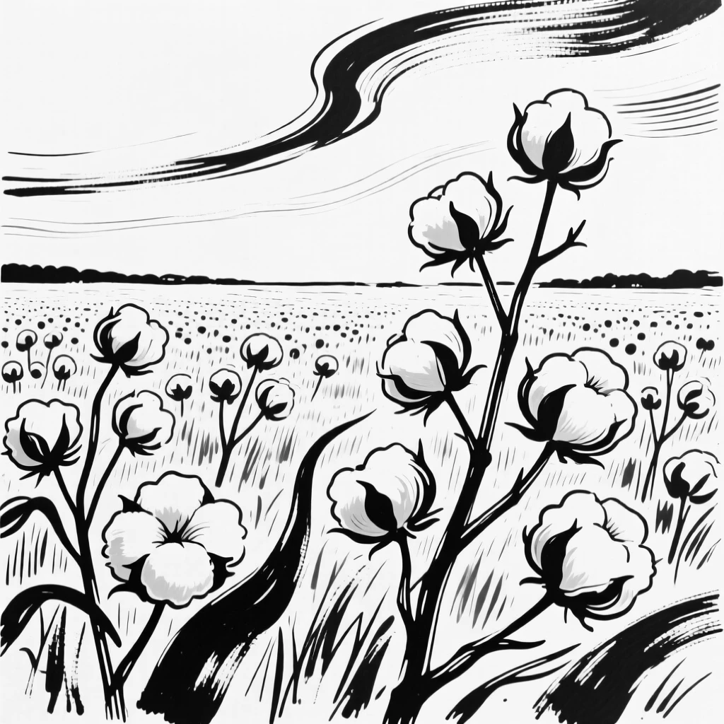 A field of cotton ready for harvest under a warm afternoon sky.