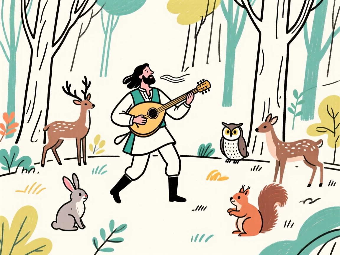 A wandering bard playing music for woodland creatures in a forest clearing.