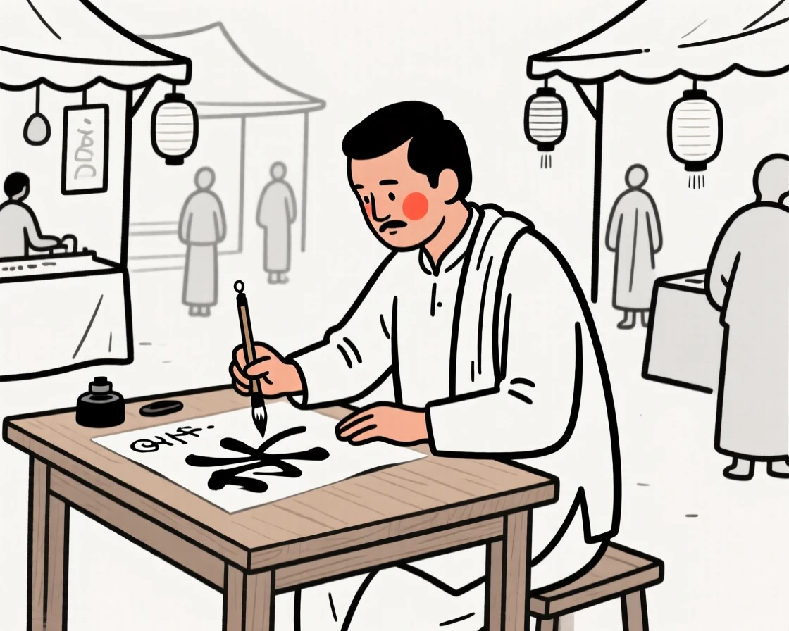 A father of Indian heritage practicing calligraphy at a wooden desk, in a bustling city market.