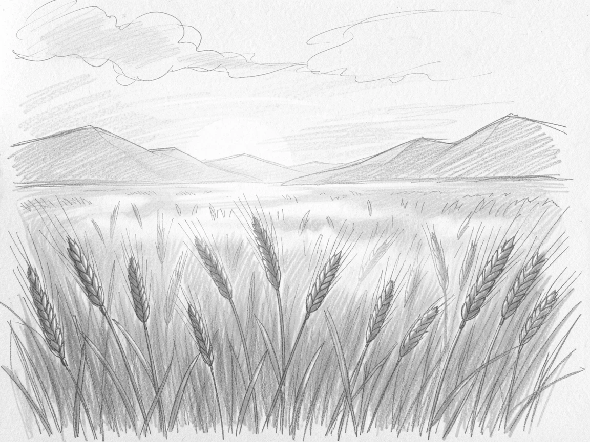 A breathtaking view of a golden wheat field at sunset, wrapped in soft morning mist, with distant mountains fading into haze.