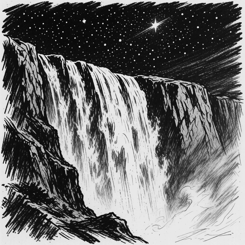 A towering waterfall beneath a canopy of stars.