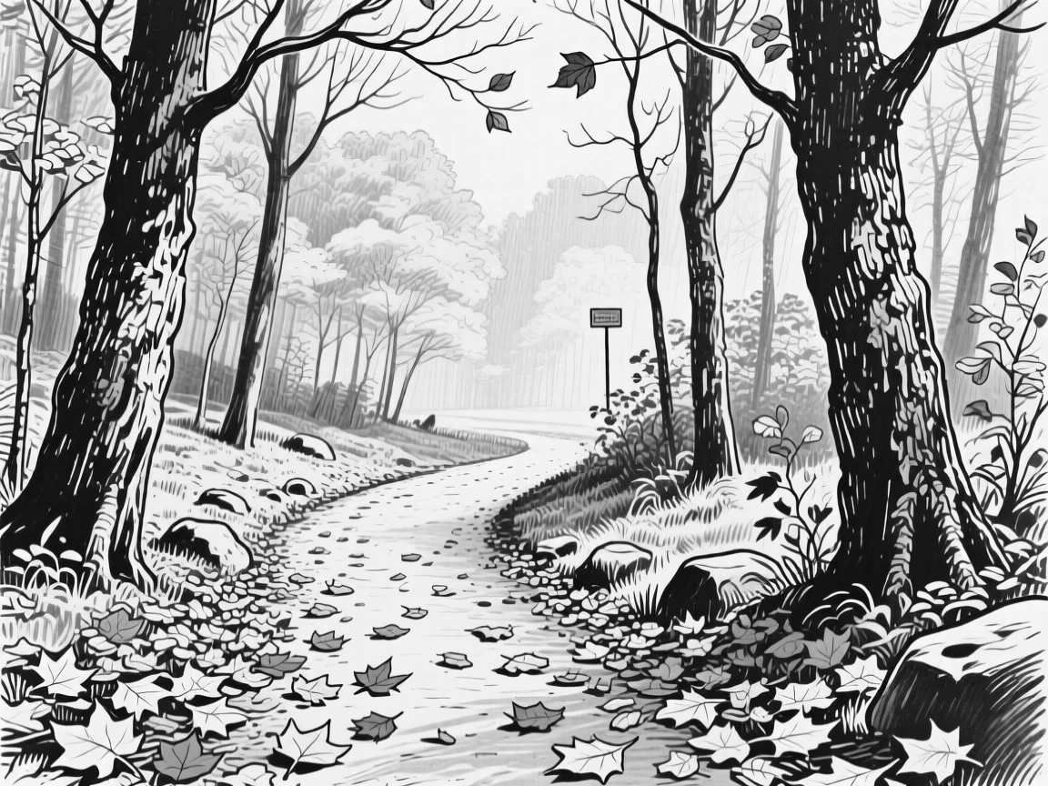 A quiet forest trail carpeted with fallen autumn leaves.