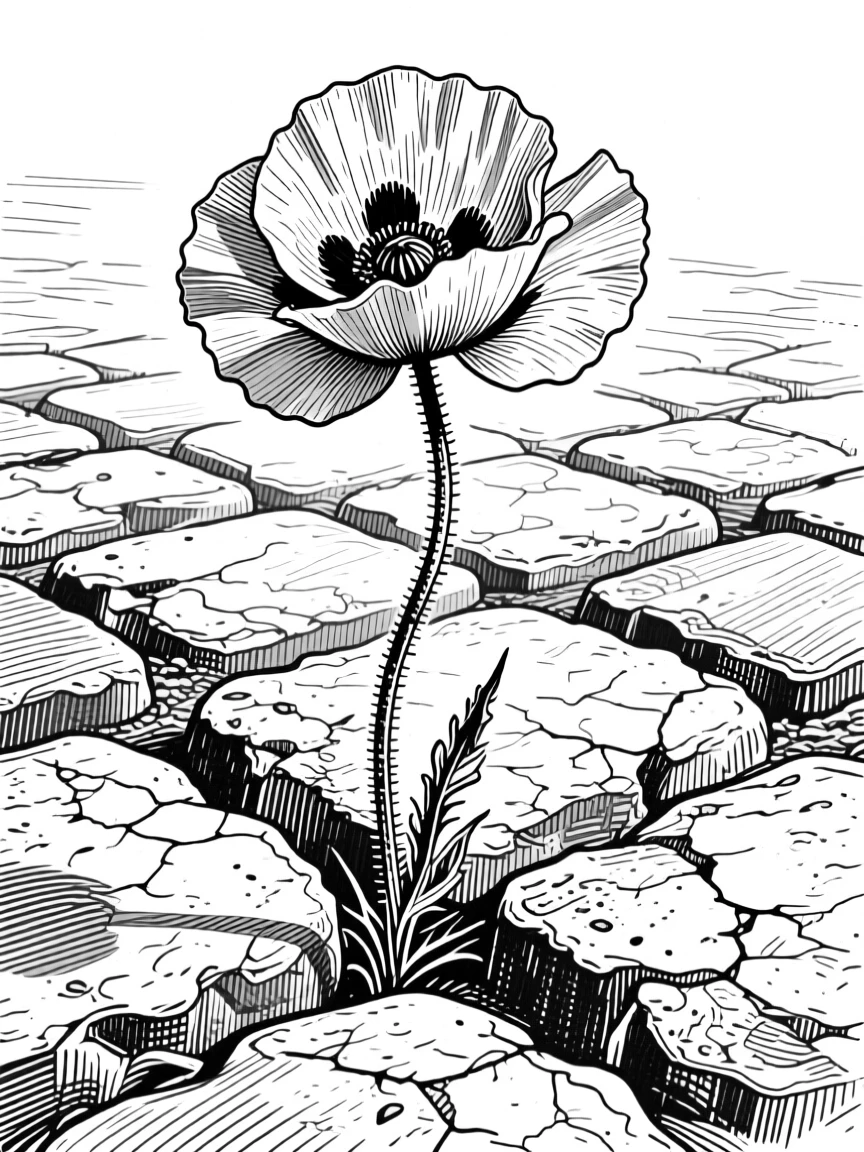 A poppy swaying in the breeze growing between old cobblestones, with the texture of each petal richly defined, composed in a fresh and vibrant still-life arrangement.
