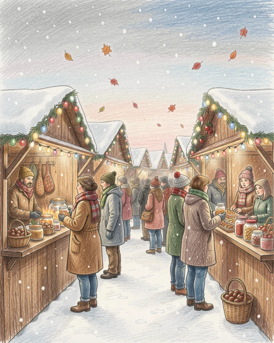 A snowy Christmas market filled with twinkling lights and roasted chestnuts, with gentle snowfall or falling leaves drifting through the scene, perfect for celebrating the beauty of the season.