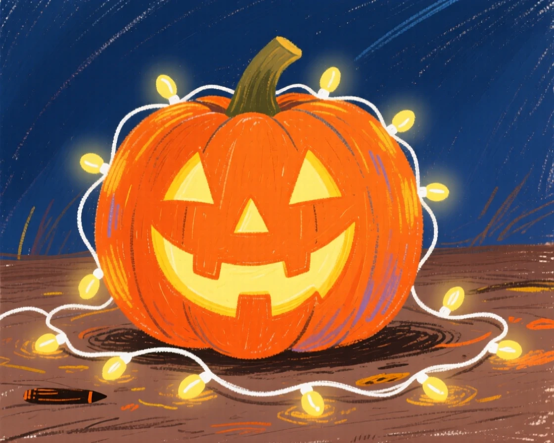 A carved pumpkin lit by strings of warm twinkling lights.