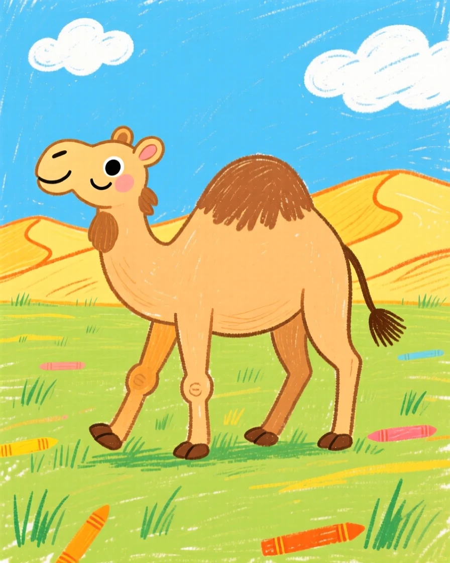 A camel crossing golden dunes on a wide open grassy plain.