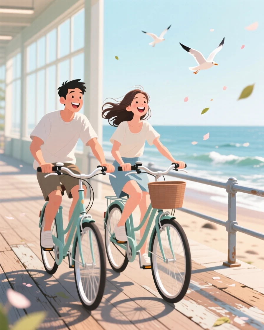 A couple riding bicycles together along a coastal boardwalk, in a bright, airy studio filled with natural light, composed with soft depth of field drawing focus to the subject, with small joyful details like flying hair or bright laughter.