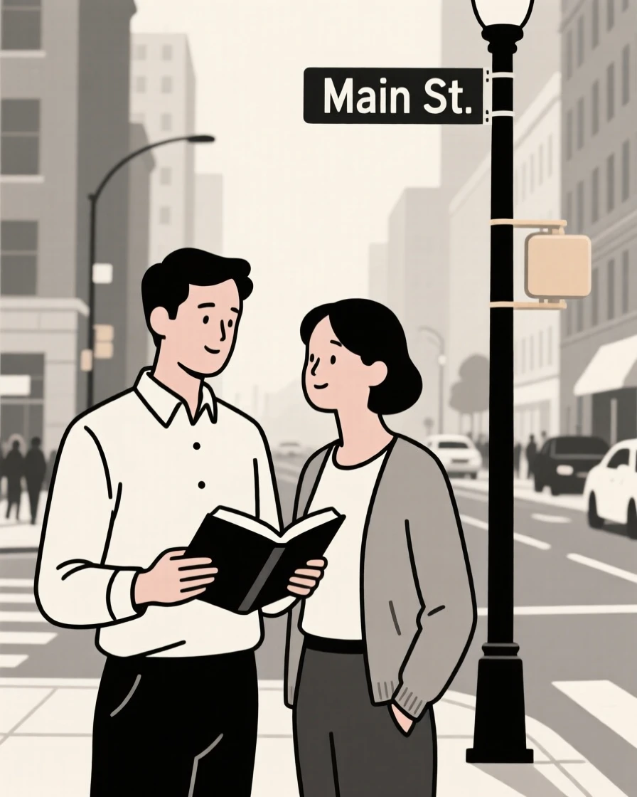 Two teacher reading quietly together in a bustling city street, sharing a moment of warm connection.