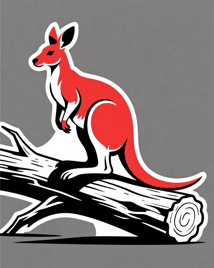 A red kangaroo perched on a fallen log.