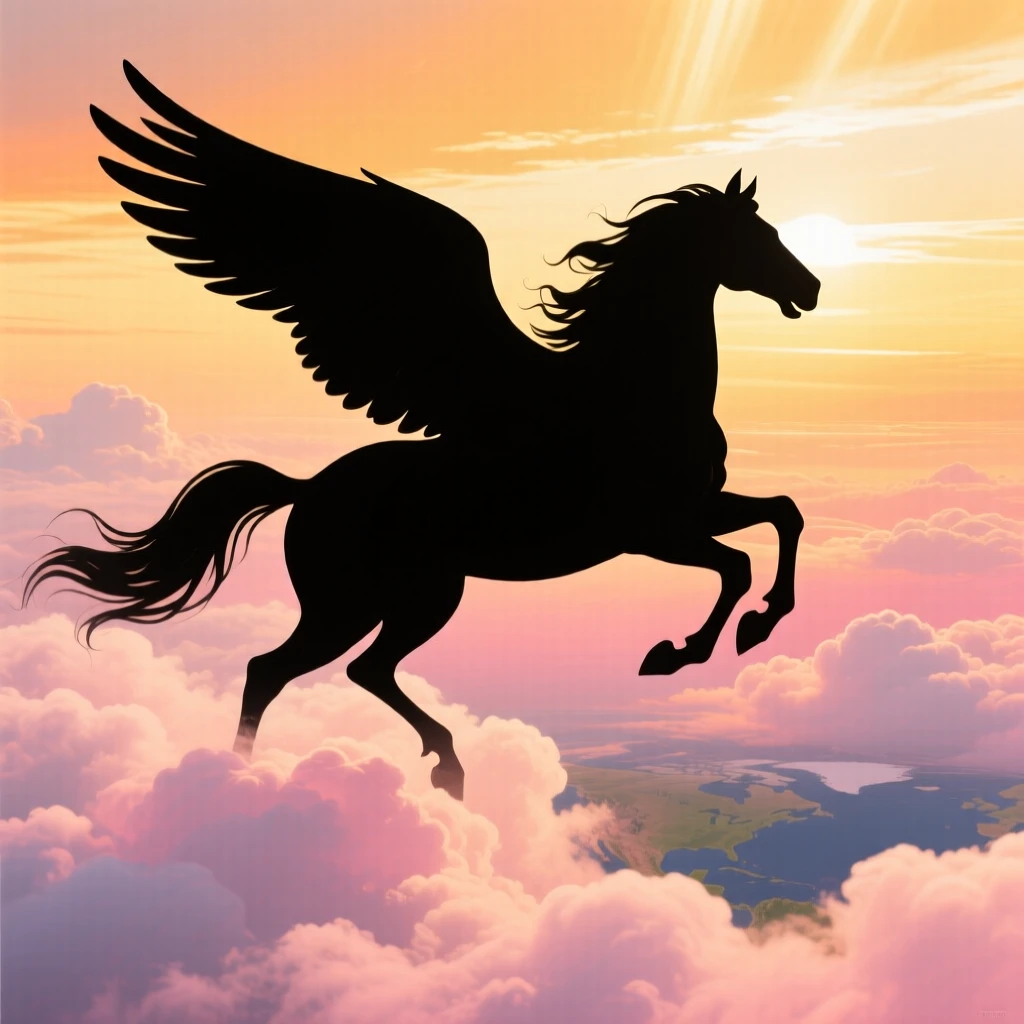 A winged horse galloping through a bank of clouds high above the earth.
