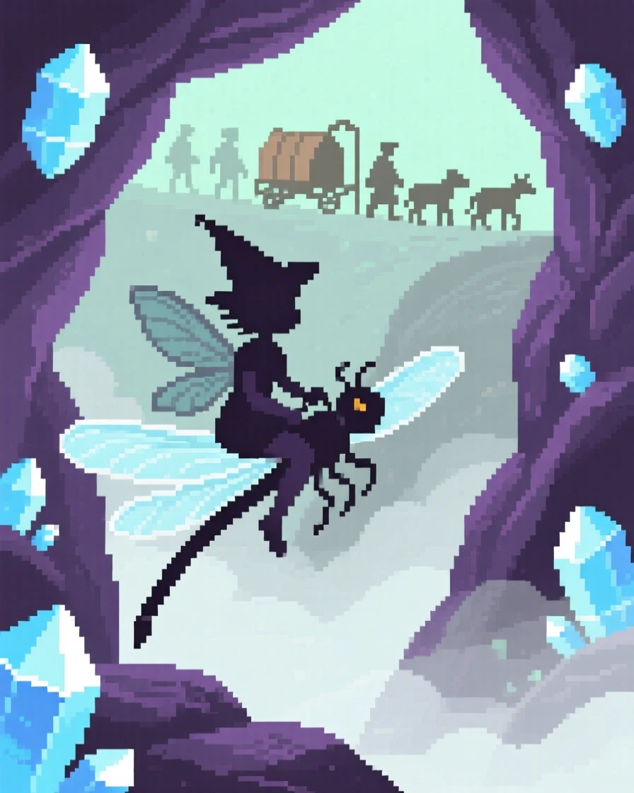 A pixie riding a dragonfly leading a caravan through a misty pass, within a hidden cave full of crystals.