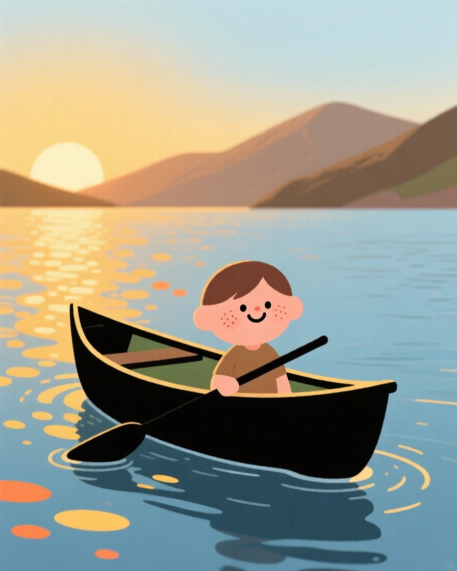 A lone canoe drifts across a calm bay as the golden glow of sunset stretches across the surface and distant mountains rise in the distance.