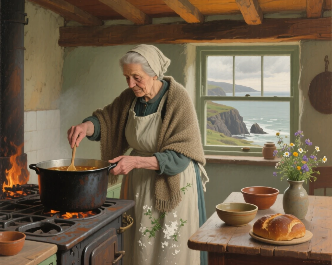 A balanced composition of a grandmother stirring a large pot of stew on a wood-fired stove, in the mid-20th century, along the Irish coast.